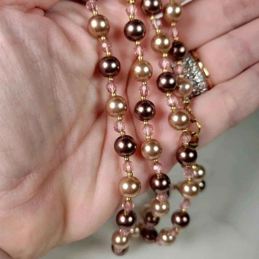 Roman Beaded Necklace Set Of 2  Signed Floating Faux Pearl Gray Peach Pi…